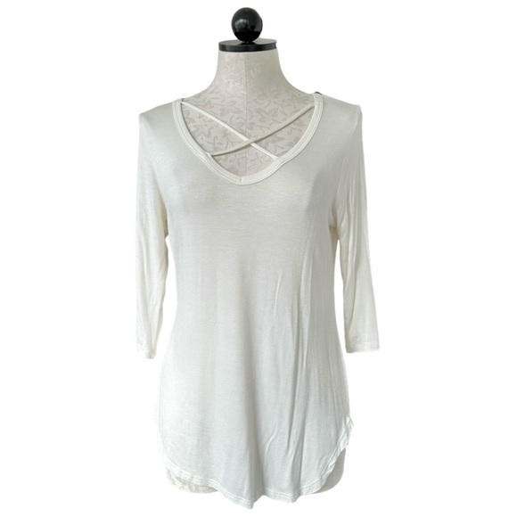 P.S. Kate Anna Criss Cross Top Semi Sheer Off White Tunic 3/4 Sleeve Size M - Picture 10 of 10